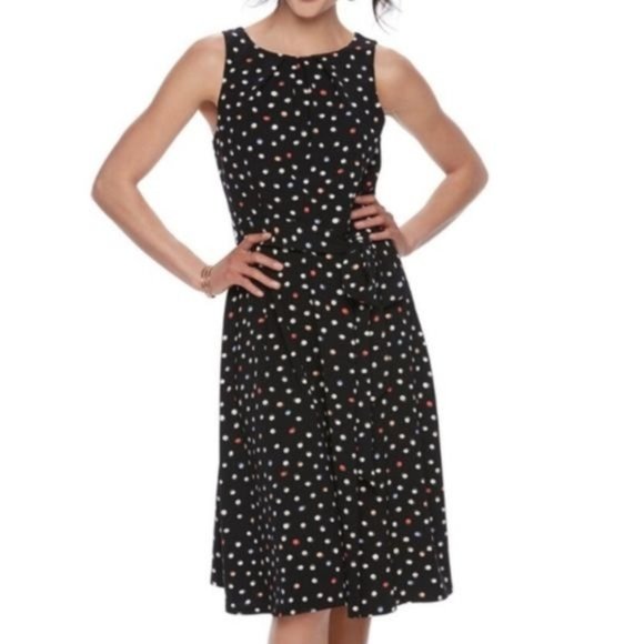 Elle Womens Sleeveless Pleated Polka Dot Midi Dress Size 6 Career Office Summer - Picture 1 of 11